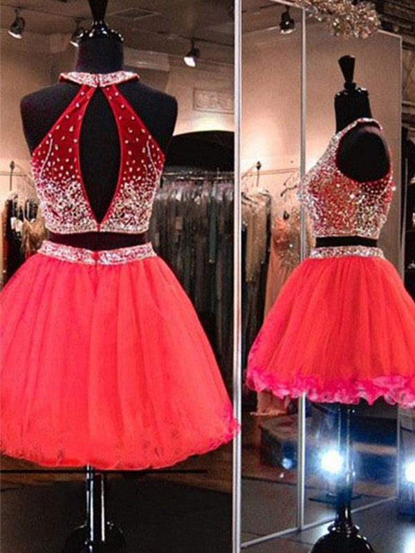 Sleeveless Two Pieces A line Pleated Organza Red Halter Rhinestone Backless Homecoming Dresses