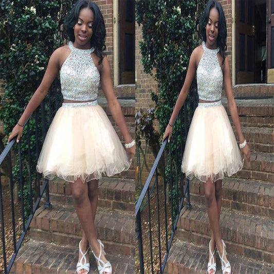 Halter Organza Two Pieces Sleeveless A Line Ivory Rhinestone Beading Homecoming Dresses