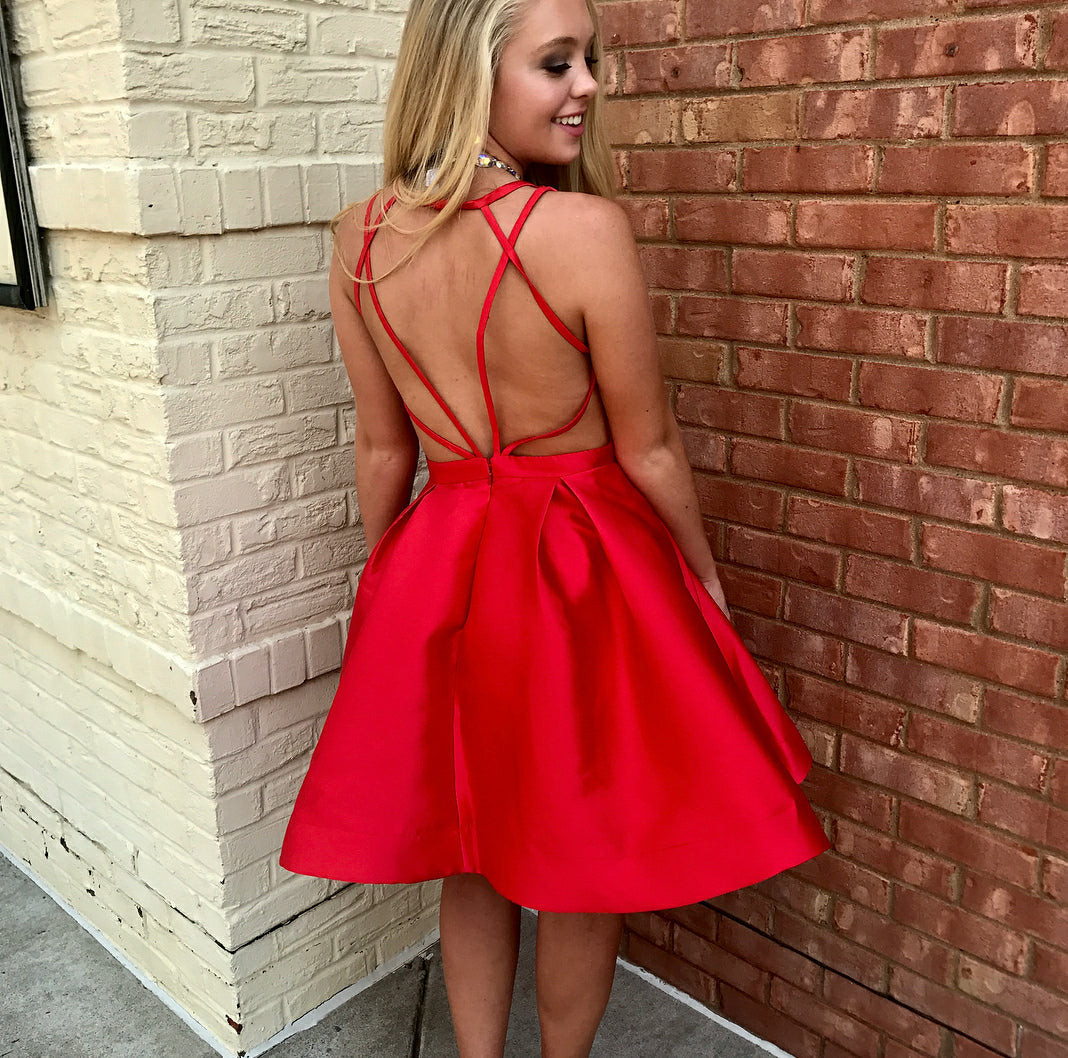 V Neck Backless A Line Pleated Red Satin Criss Cross Straps Sexy Homecoming Dresses