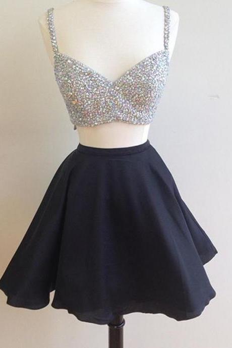 V Neck Two Pieces Sleeveless Rhinestone Sparkle A Line Pleated Chiffon Homecoming Dresses