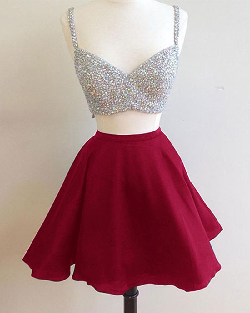 V Neck Two Pieces Sleeveless Rhinestone Sparkle A Line Pleated Chiffon Homecoming Dresses