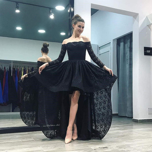Off The Shoulder Long Sleeve Ball Gown Pleated High Low Lace Homecoming Dresses
