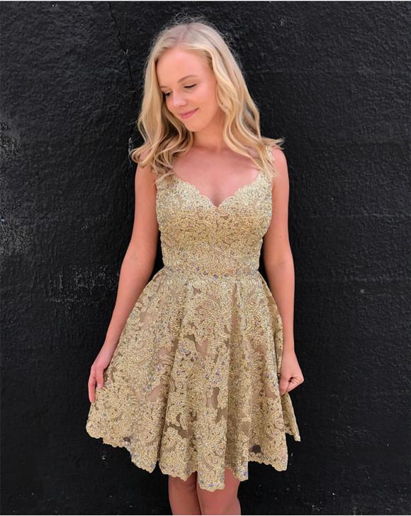 Gold V Neck Sleeveless Lace Appliques A Line Pleated Flowers Backless Homecoming Dresses