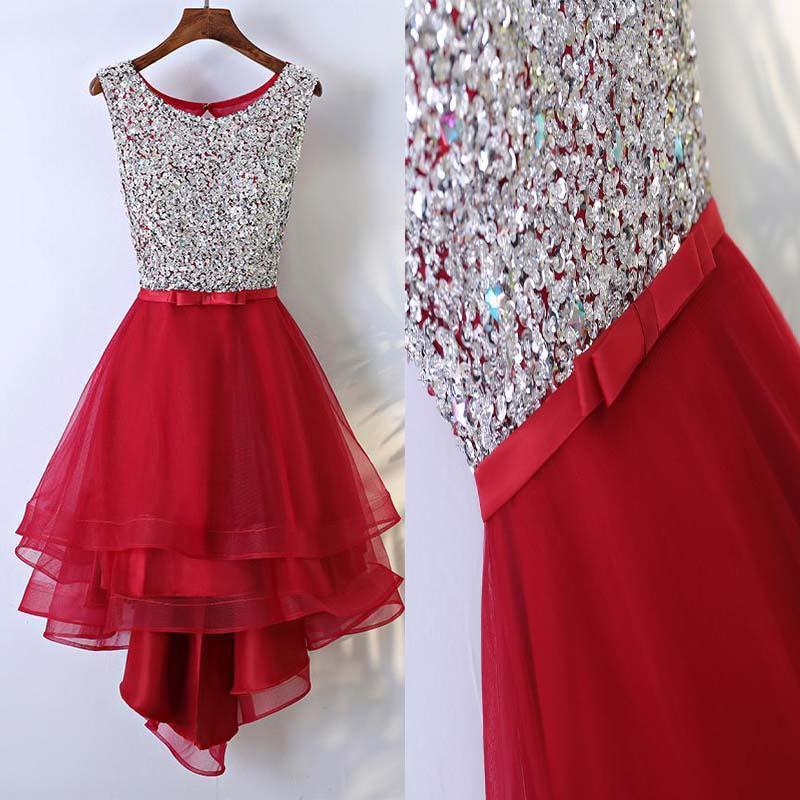 Scoop A Line red Organza High Low Bowknot Organza Rhinestone Sleeveless Homecoming Dresses