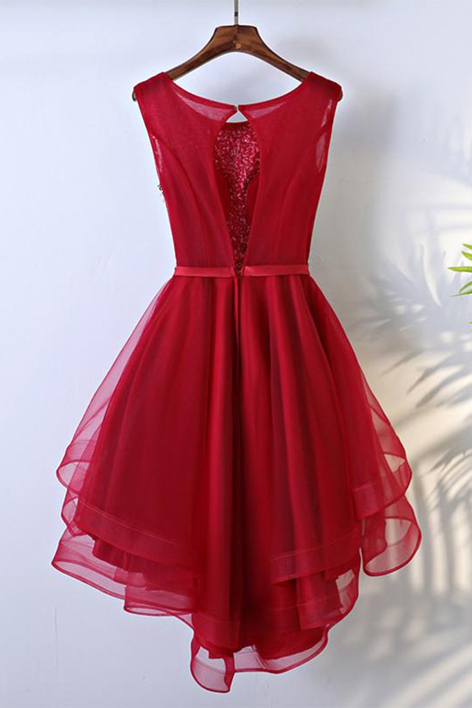 Scoop A Line red Organza High Low Bowknot Organza Rhinestone Sleeveless Homecoming Dresses