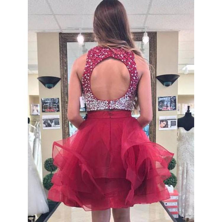 A Line Jewel Sleeveless Rhinestone Organza Ruffles Backless Two Pieces Homecoming Dresses