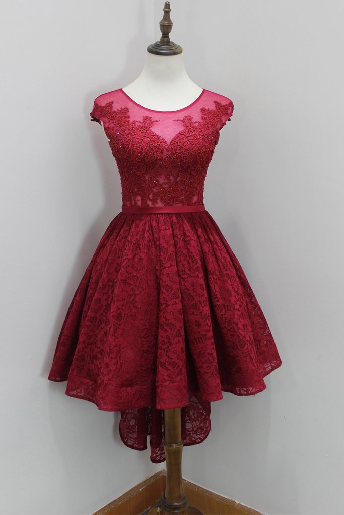 Cap Sleeve A Line Scoop Sheer Lace Pleated Burgundy High Low Flowers Homecoming Dresses