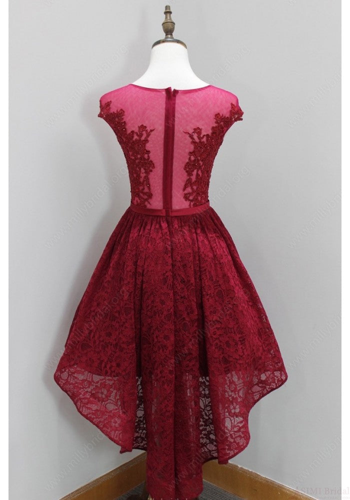 Cap Sleeve A Line Scoop Sheer Lace Pleated Burgundy High Low Flowers Homecoming Dresses