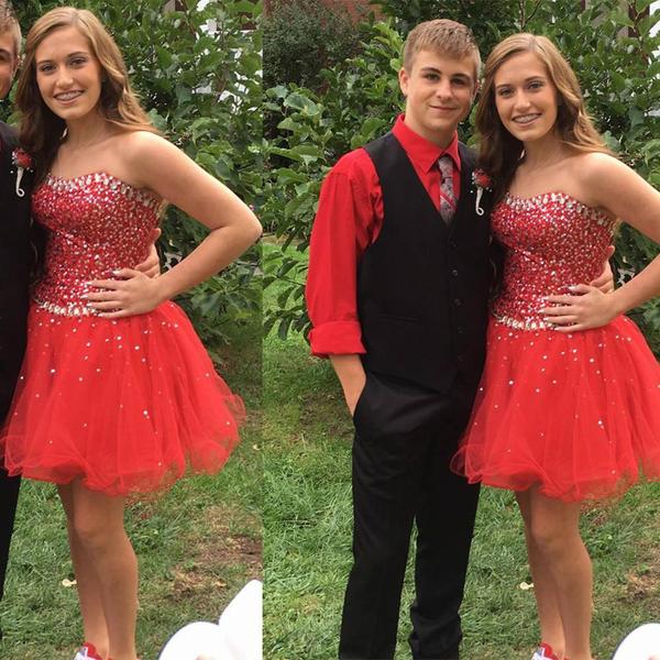 Red Strapless Sweetheart A Line Rhinestone Organza Backless Sparkle Homecoming Dresses