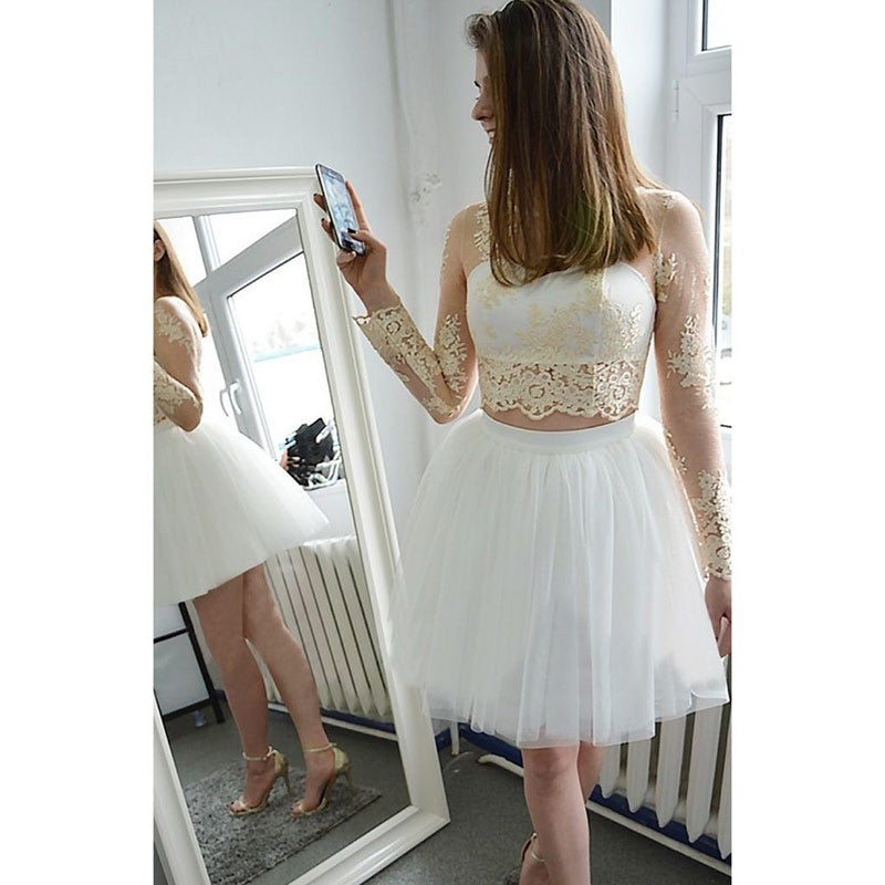 Long Sleeve White Jewel Lace Appliques Tulle Cut Out Sheer Ball Gown Homecoming Dresses