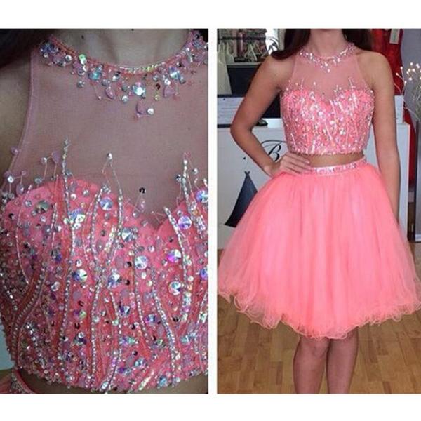 Jewel Sleeveless Sheer Rhinestone Two Pieces Ball Gown Organza Homecoming Dresses
