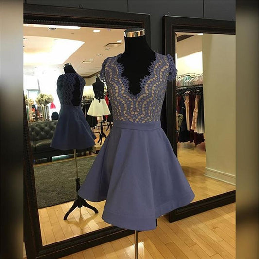 Cap Sleeve Deep V Neck Backless Satin A Line Lavender Pleated Lace Homecoming Dresses