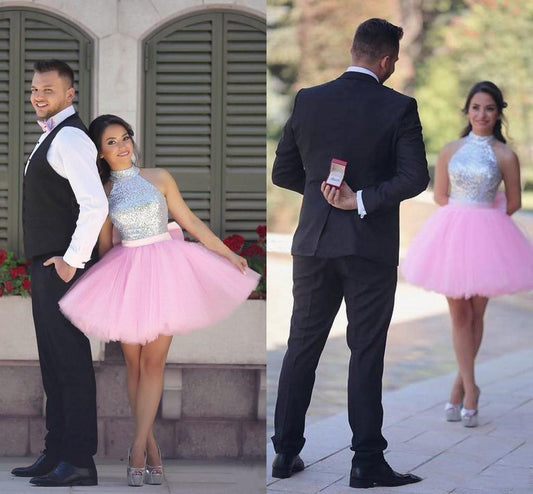 Pink Ball Gown Halter Sleeveless Cute Short Tulle Beading Homecoming Dresses