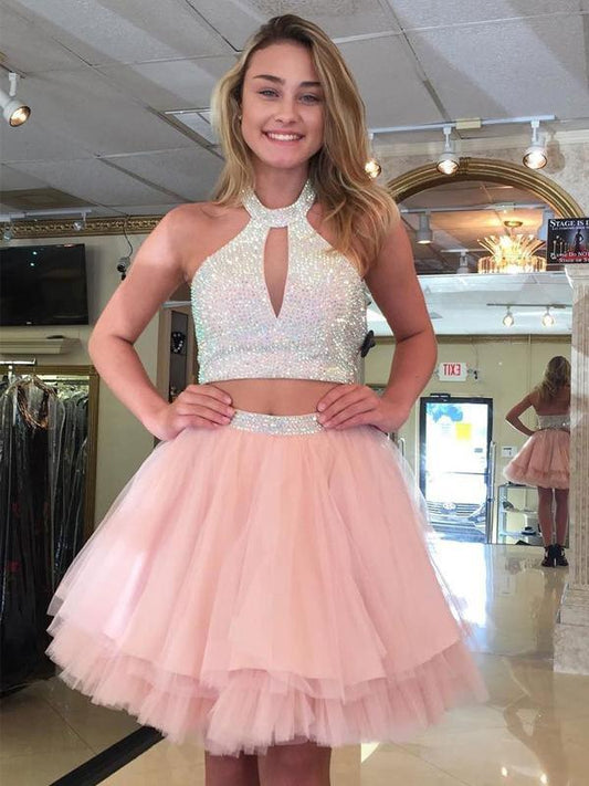 Halter Sleeveless Cut Out A Line Pleated Tulle Pink Two Pieces Beading Homecoming Dresses