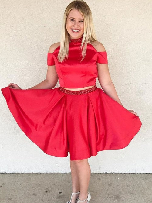 Off The Shoulder Jewel Red Satin A Line Pleated Two Pieces Beading Homecoming Dresses