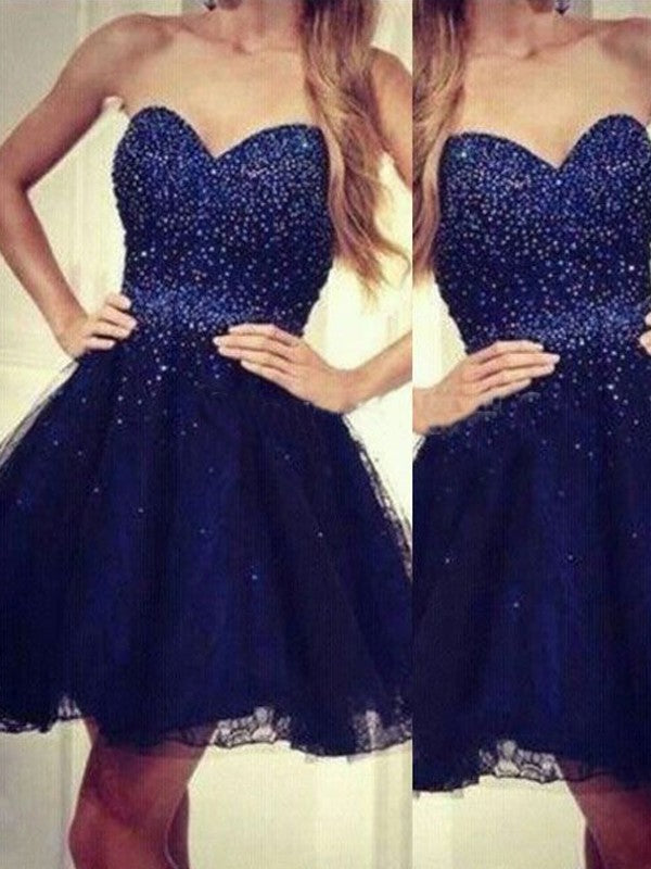 A Line Dark Navy Strapless Sweetheart Pleated Beading Backless Homecoming Dresses
