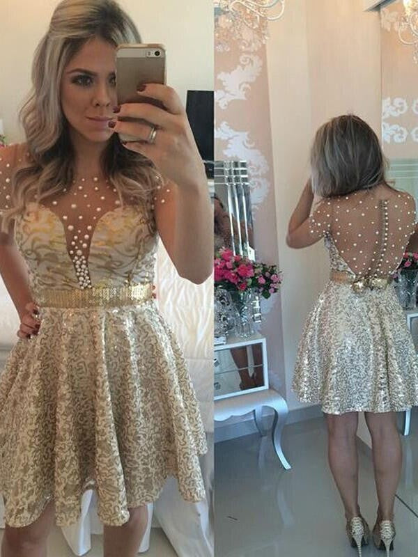 Jewel Short Sleeve Sheer Back Button A Line Sequins Sexy Short Homecoming Dresses