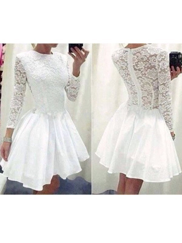 Long Sleeve Jewel A Line White Pleated Lace Appliques Satin Homecoming Dresses