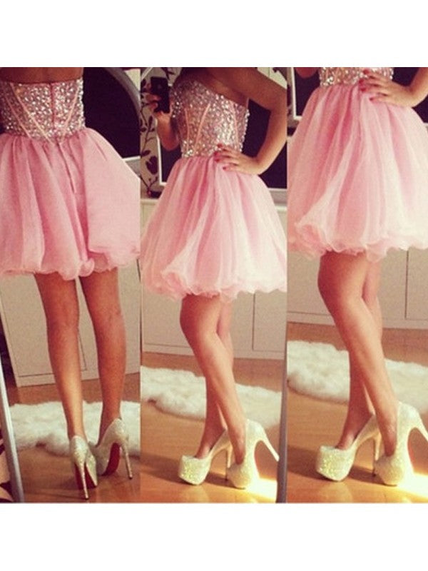 Organza Strapless Pink Sweetheart Pleated Backless A Line Beading Short Homecoming Dresses