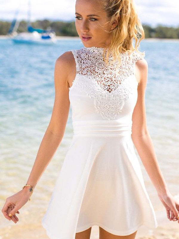 Sleeveless Jewel A Line Satin Lace Ivory Short Hollow Flowers Homecoming Dresses