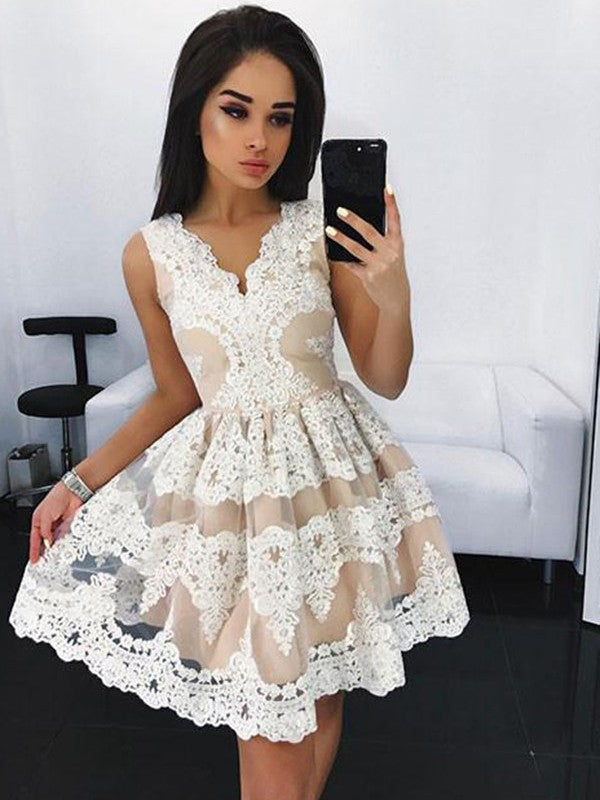 A Line Sleeveless V Neck Lace Flowers Ivory Appliques Pleated Homecoming Dresses