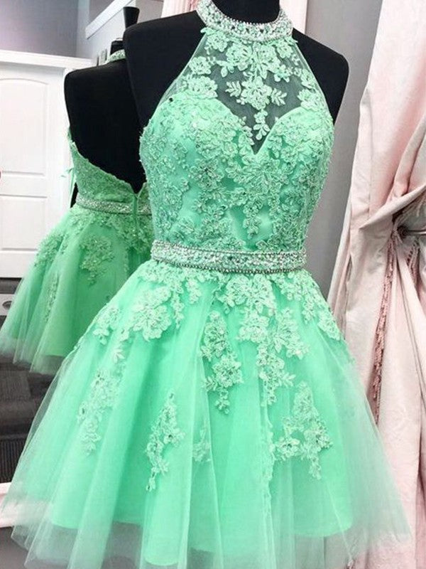 Appliques Halter Sleeveless Backless A Line Flowers Tulle Pleated Homecoming Dresses