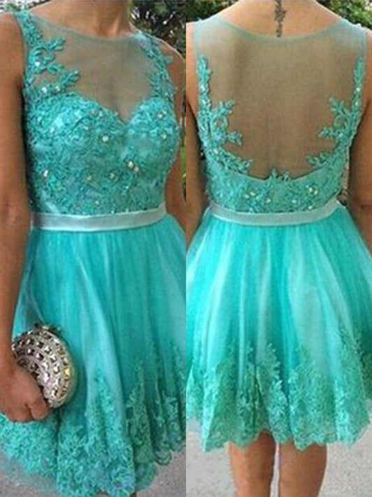 Turquoise Sheer Sleeveless Jewel Pleated Short Appliques Lace Homecoming Dresses