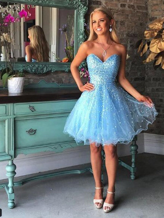 Organza Strapless Sweetheart Backless A Line Blue Beading Homecoming Dresses