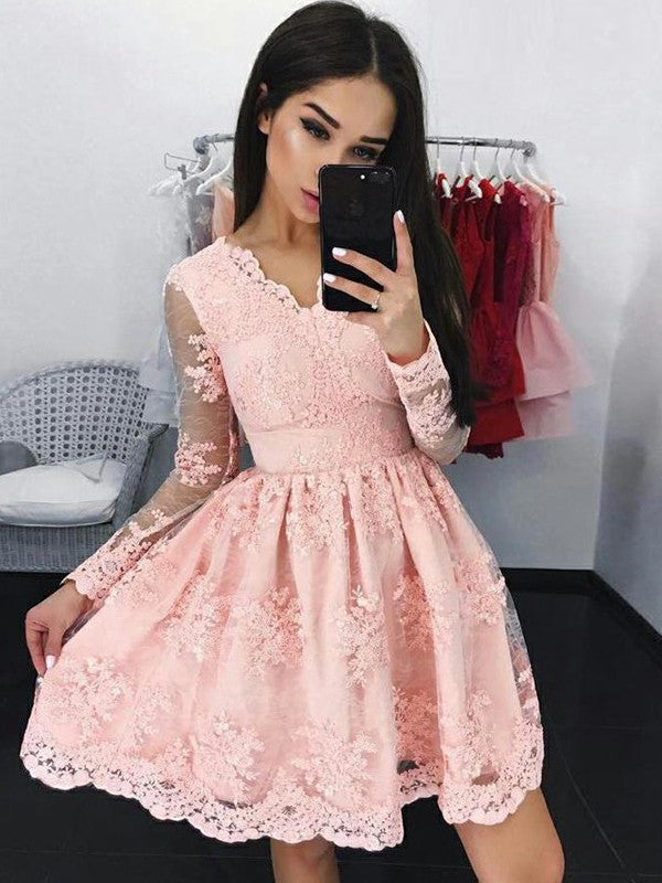 Long Sleeve V Neck Pink Lace Appliques Sheer Flowers A Line Short Homecoming Dresses