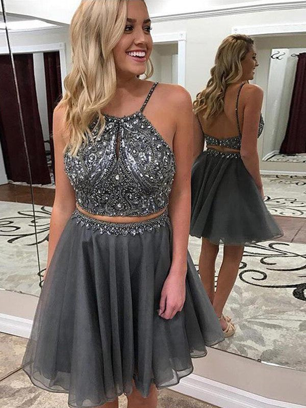 Halter Spaghetti Straps Grey Backless A Line Organza Two Pieces Beading Homecoming Dresses
