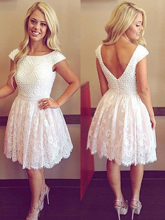 Scoop Cap Sleeve White Ball Gown Lace Flowers Backless Beading Homecoming Dresses