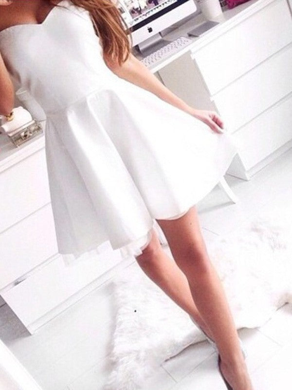 Strapless Sweetheart A Line White Satin Pleated Above Knee Simple Homecoming Dresses