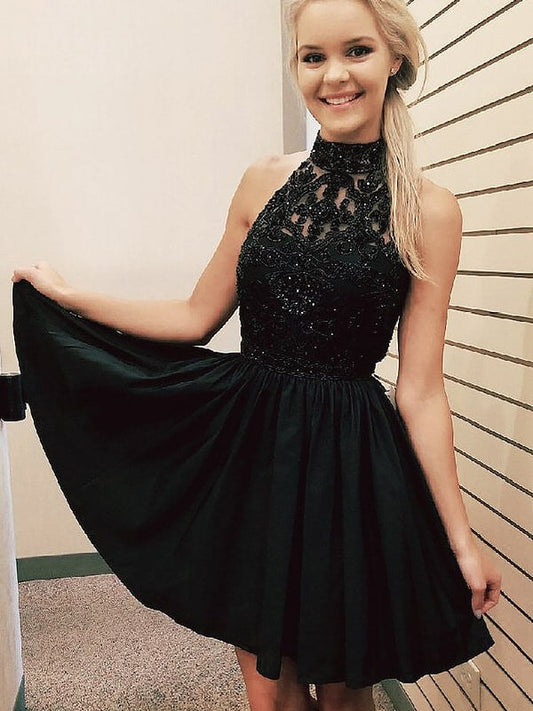Halter Sleeveless A Line Pleated Black Satin Appliques Beading Homecoming Dresses