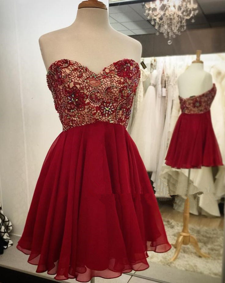 Backless Strapless Sweetheart A Line Chiffon Red Pleated Lace Beading Homecoming Dresses