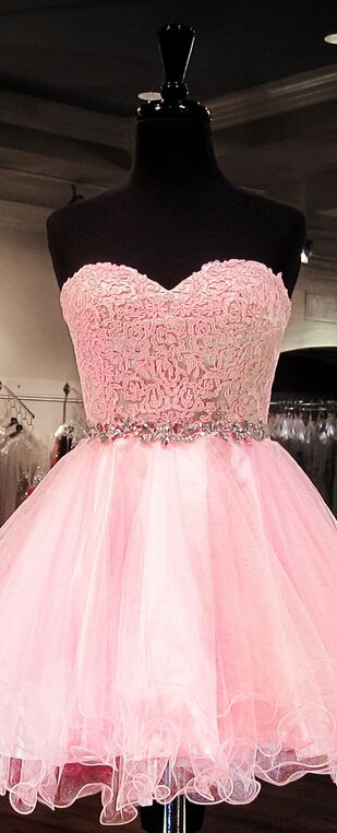 Pink A Line Strapless Sweetheart Appliques Organza Pleated Backless Homecoming Dresses