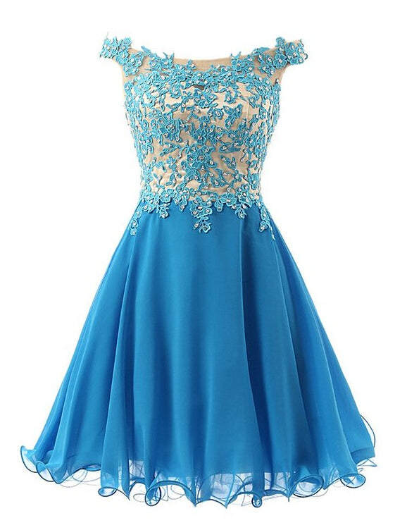 Off The Shoulder A Line Chiffon Blue Pleated Appliques Flowers Homecoming Dresses