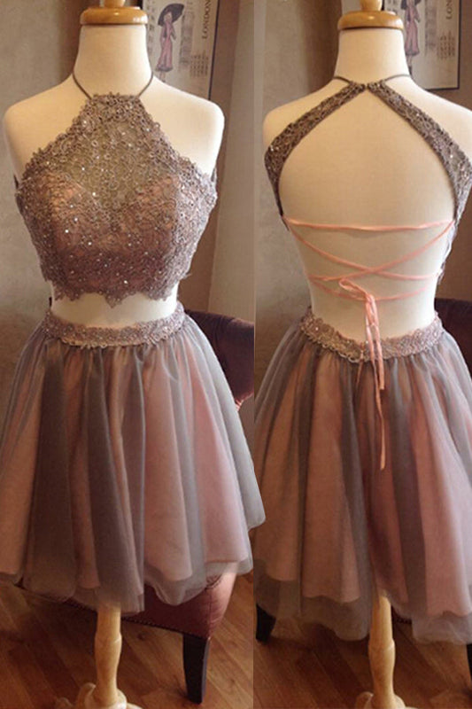 Halter Backless Sleeveless Straps A Line Tulle Pleated Two Pieces Homecoming Dresses