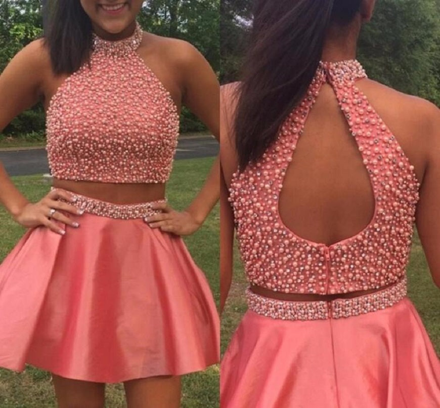 Halter Sleeveless Two Pieces Cut Out Beading A Line Taffeta Short Pleated Homecoming Dresses