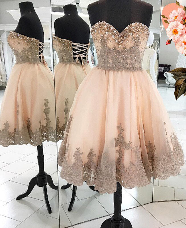 Strapless Sweetheart Backless Lace Appliques Rhinestone A Line Pleated Homecoming Dresses