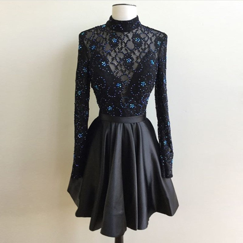 Lace A Line Beading Satin Pleated Black Long Sleeve High Neck Short Homecoming Dresses