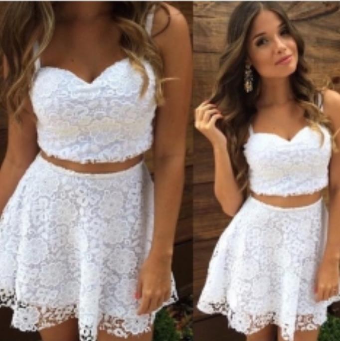 Spaghetti straps Sweetheart Two Pieces Lace White A Line Short Homecoming Dresses