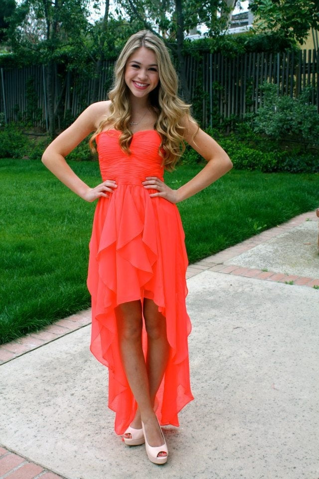 High Low Strapless Sweetheart Chiffon Coral A Line Pleated Homecoming Dresses