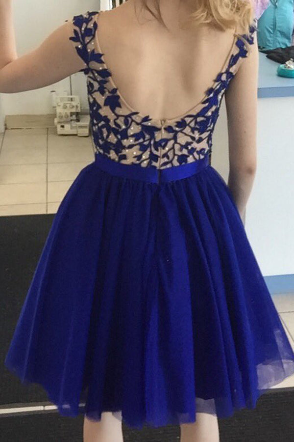 Backless Sleeveless A Line Royal Blue Tulle Appliques Pleated Homecoming Dresses