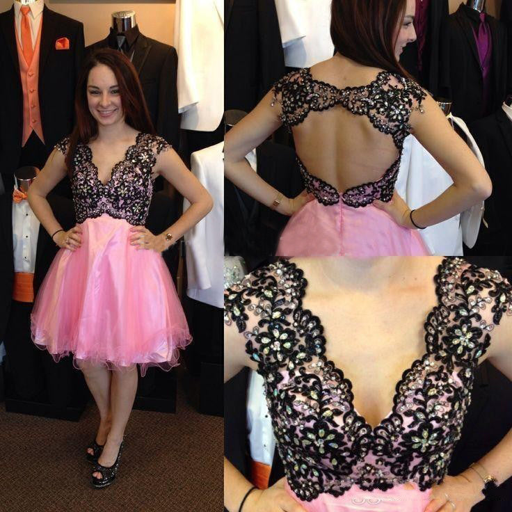 Cap Sleeve V Neck Backless Lace Appliques Rhinestone Organza Pink A Line Homecoming Dresses