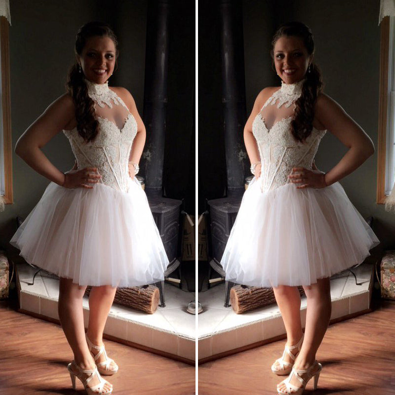 High Neck Sleeveless Ivory Sheer Ball Gown Appliques Pleated Tulle Homecoming Dresses