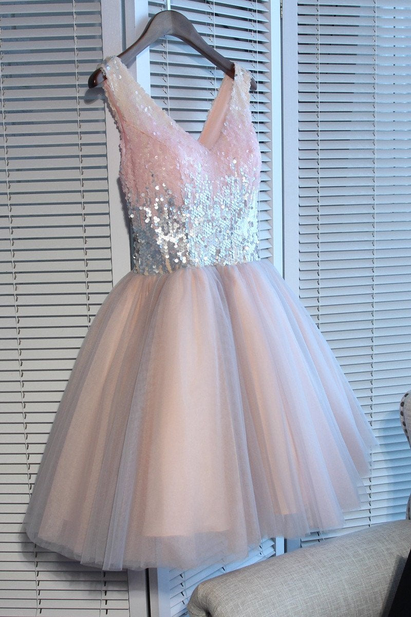 Deep V Neck Sleeveless Sequins Ball Gown Sparkle Tulle Pleated Homecoming Dresses