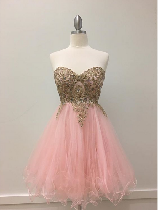 Pink Strapless Sweetheart Pink Organza Pleated Appliques Beading Homecoming Dresses