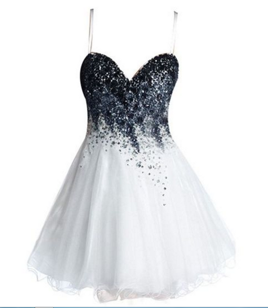 White Sweetheart Spaghetti Straps Sexy A Line Organza Pleated Beading Homecoming Dresses