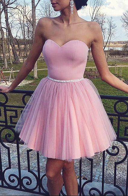 Pink Strapless Sweetheart Ball Gown Pleated Tulle Short Homecoming Dresses