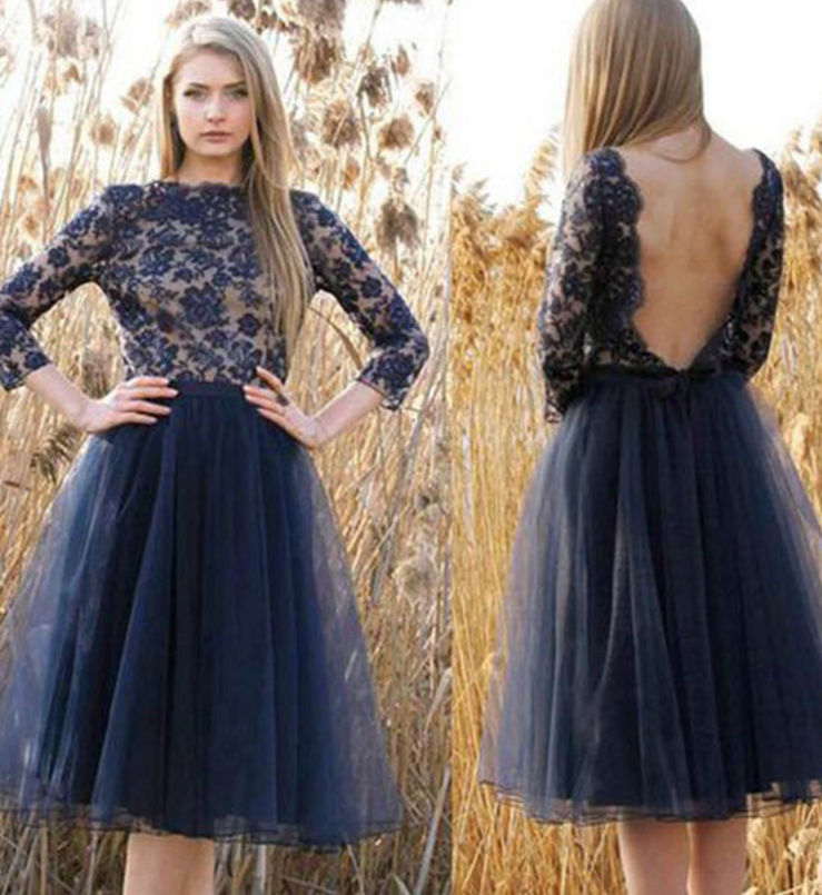 Jewel Long Sleeve Dark Navy Lace Backless Flowers A Line Tulle Pleated Homecoming Dresses